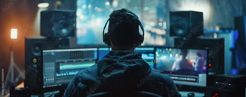 Poster video editor working from behind on a movie or tv show in a dark room
