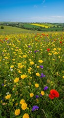 Fototapeta premium Vibrant wildflower field in countryside landscape with blue sky horizon
