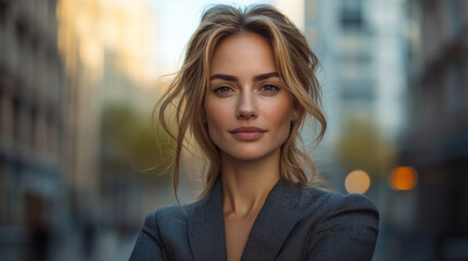 Obraz premium confident woman in stylish outfit stands in urban setting, exuding poise and elegance. Her natural beauty and relaxed demeanor create powerful impression