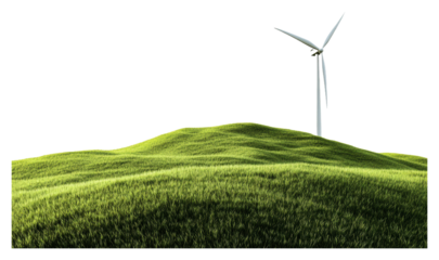 Wind turbine on green rolling hills in sunlight isolated on transparent background
