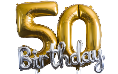 A large gold and silver balloon with the number fifty on it