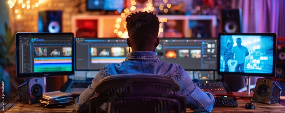 Poster Video editor is burning the midnight oil with color grading software on a multi-screen setup