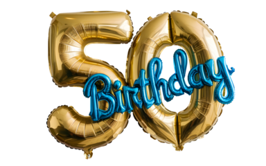 A large gold and blue birthday balloon with the number fifty on it