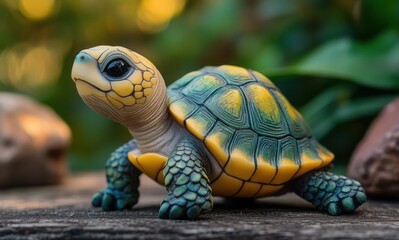 Obraz premium Lifelike Turtle Figurine in Natural Setting with Detailed Texture and Vibrant Colors, Surrounded by Greenery and Natural Elements for Artistic Display