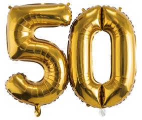 A large gold balloon with the number 50 on it