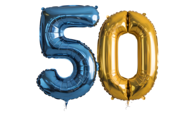 A blue and gold balloon with the number 50 on it