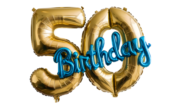 A large gold and blue birthday balloon with the number fifty on it