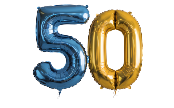 A blue and gold balloon with the number 50 on it