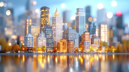 Fototapeta premium Night cityscape, urban skyline reflection, city lights, autumn trees, modern architecture, ideal for real estate marketing