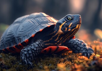 Obraz premium Majestic Close-Up of a Colorful Turtle Resting on Mossy Ground in a Forest with Soft Sunlight Streaming Through Trees
