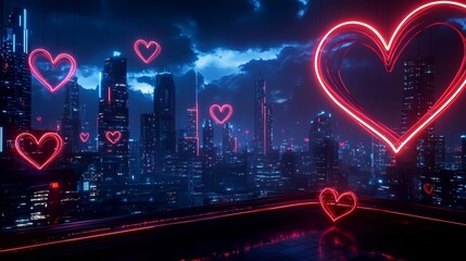Futuristic cityscape at night, with glowing red and black heart holograms projected into the sky, cyberpunk Valentine aesthetic