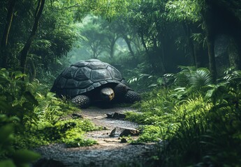 Naklejka premium Majestic Giant Tortoise in Lush Green Jungle Surrounded by Exotic Flora and Mystical Atmosphere Capturing Nature's Untamed Beauty