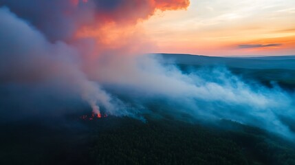 Obraz premium Aerial View of a Forest Fire at Sunset