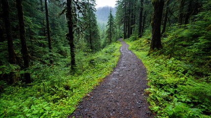 Fototapeta premium Rainy forest trail descends into lush valley; nature hike