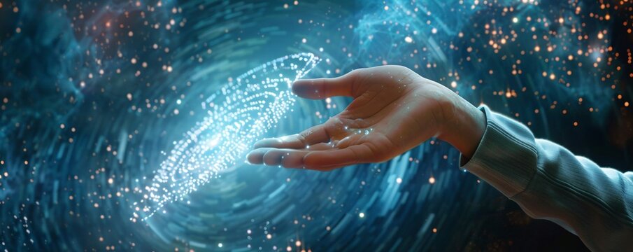 Scientist manipulates a holographic projection of binary data in the vast expanse of outer space