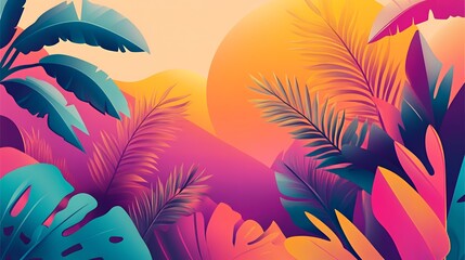 Vibrant Tropical Leaves Sunset Landscape Illustration