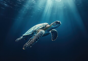 Fototapeta premium Majestic Green Sea Turtle Swimming Gracefully Through Sunlit Ocean Depths Near Coral Reef Ecosystem