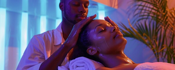 Spa therapist is pampering a client with a gentle face mask application and massage using both hands