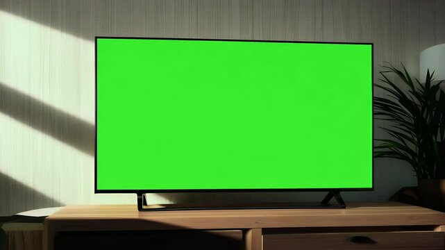 Green screen smart TV animation featuring a blank display designed for advertising content within a stylish living room setting