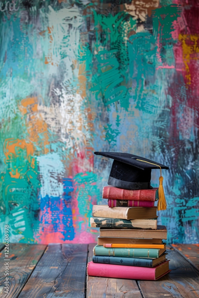 Poster colorful background with copy space and a graduation cap resting on a pile of books