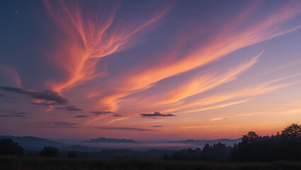 Fototapeta premium Purple sunset colors paint mountains trees and sky. Suitable for travel blogs, nature magazines, and inspirational social media posts