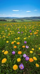 Obraz premium Vibrant spring wildflower meadow under blue skies