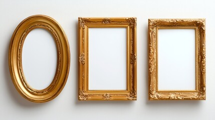 Three ornate gold picture frames against a white wall, ready for artwork or photographs.