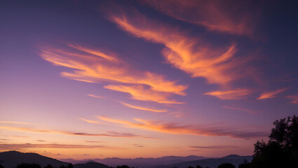 Purple sunset colors paint mountains trees and sky. Suitable for travel blogs, nature magazines, and inspirational social media posts