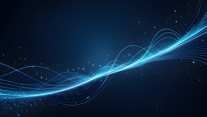 Abstract blue glowing wave lines and particles on dark background, ideal for technology or science concepts.