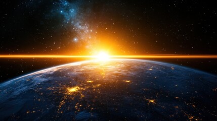 Obraz premium Earth sunrise, space, galaxy, night lights, planet, cosmic, background, wallpaper, astronomy
