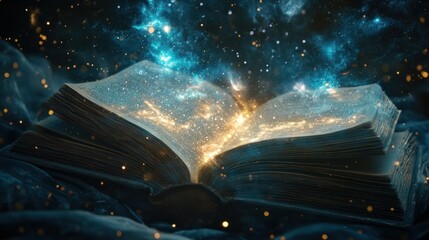 Glowing cosmic book open on dark fabric, fantasy, magic