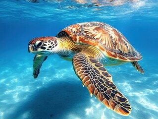 Fototapeta premium Majestic Sea Turtle Gliding Gracefully Through Crystal Clear Ocean Waters Underwater Photography for Nature Enthusiasts and Ocean Conservation Promotion