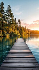 Obraz premium Serene lakeside sunrise with wooden dock and lush pine forest reflections