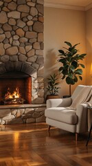 Fototapeta premium Cozy living room with stone fireplace and armchair in warm lighting
