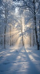 Fototapeta premium Winter morning sunlight streaming through snow-covered trees in tranquil forest