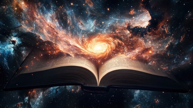 Open book, cosmic nebula, swirling galaxy, space, knowledge, fantasy, illustration, educational, background