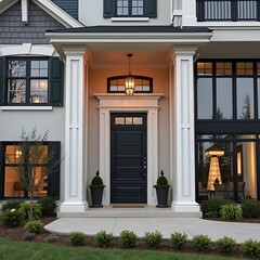 Modern Luxury House Exterior at Night. Elegant Home Design with Gray Facade, Black Door, and White Columns. Real Estate Photography