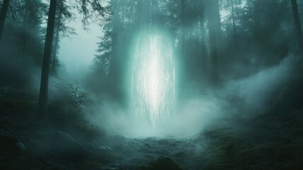 Mystical portal in foggy forest, adventure game backdrop