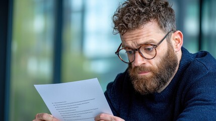 Man reviewing document, office background, serious expression, work