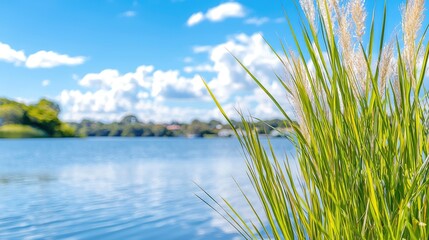 Fototapeta premium Tall green grass grows on the shore of a calm blue lake under a sunny sky with white clouds.