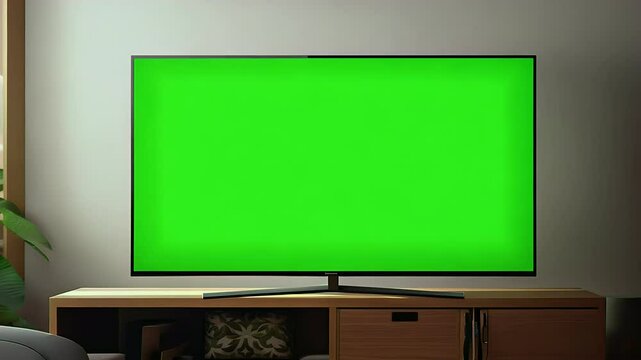 Animation of a blank smart TV screen with chroma key green background set in a modern living room for digital advertising