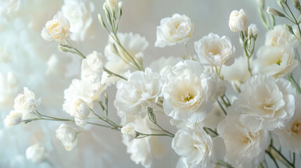 Elegant white flowers in soft focus, creating serene and delicate atmosphere. arrangement features various blooms, enhancing beauty of nature
