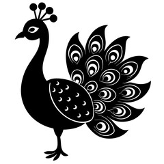 Cute Line Art Peacock Silhouette Black Vector Illustration