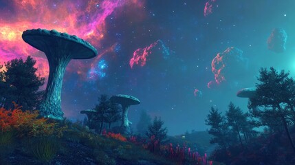 Fototapeta premium Alien landscape, glowing fungi, nebula, night, fantasy, game background