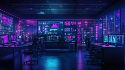 Data analysis event in a high-tech office digital environment futuristic viewpoint tech concept