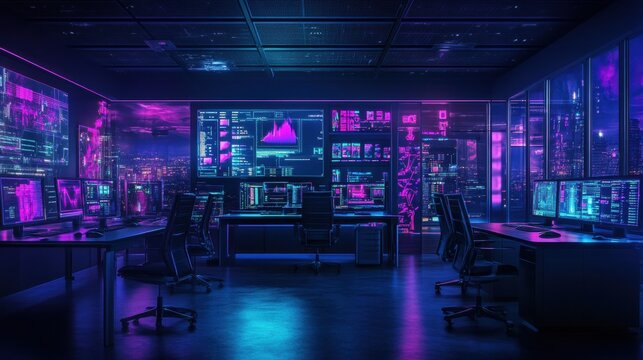 Data analysis event in a high-tech office digital environment futuristic viewpoint tech concept