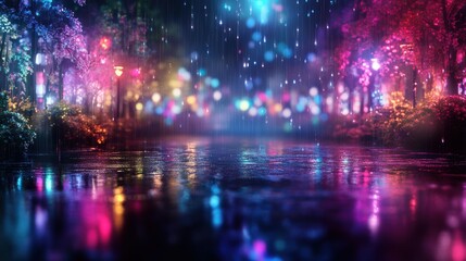 Fototapeta premium Rainy night lights reflection city park nature scene colorful environment ground level serenity concept