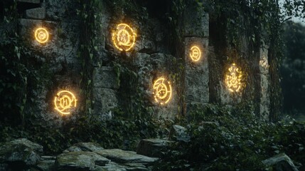 Fototapeta premium Glowing runes illuminate ancient stone wall, jungle
