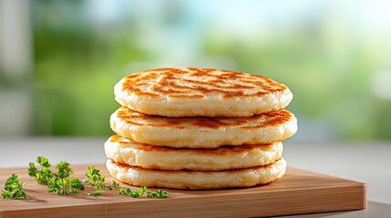 Stack of golden-brown pancakes on wooden board, outdoor background, breakfast food photography
