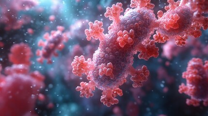 Fototapeta premium Microscopic View Of A Coronavirus Cluster In Red Hues